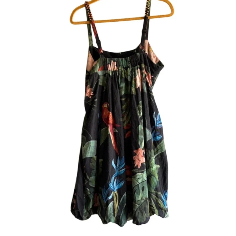 Farm Rio Black Tropical Toucan Mini Dress XL Beaded Straps Linen Blend SN 331864